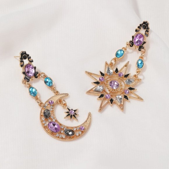 Ornate Baroque Celestial Moon & Star Blue Purple Rhinestone Gold Dangle Earrings - Picture 3 of 6